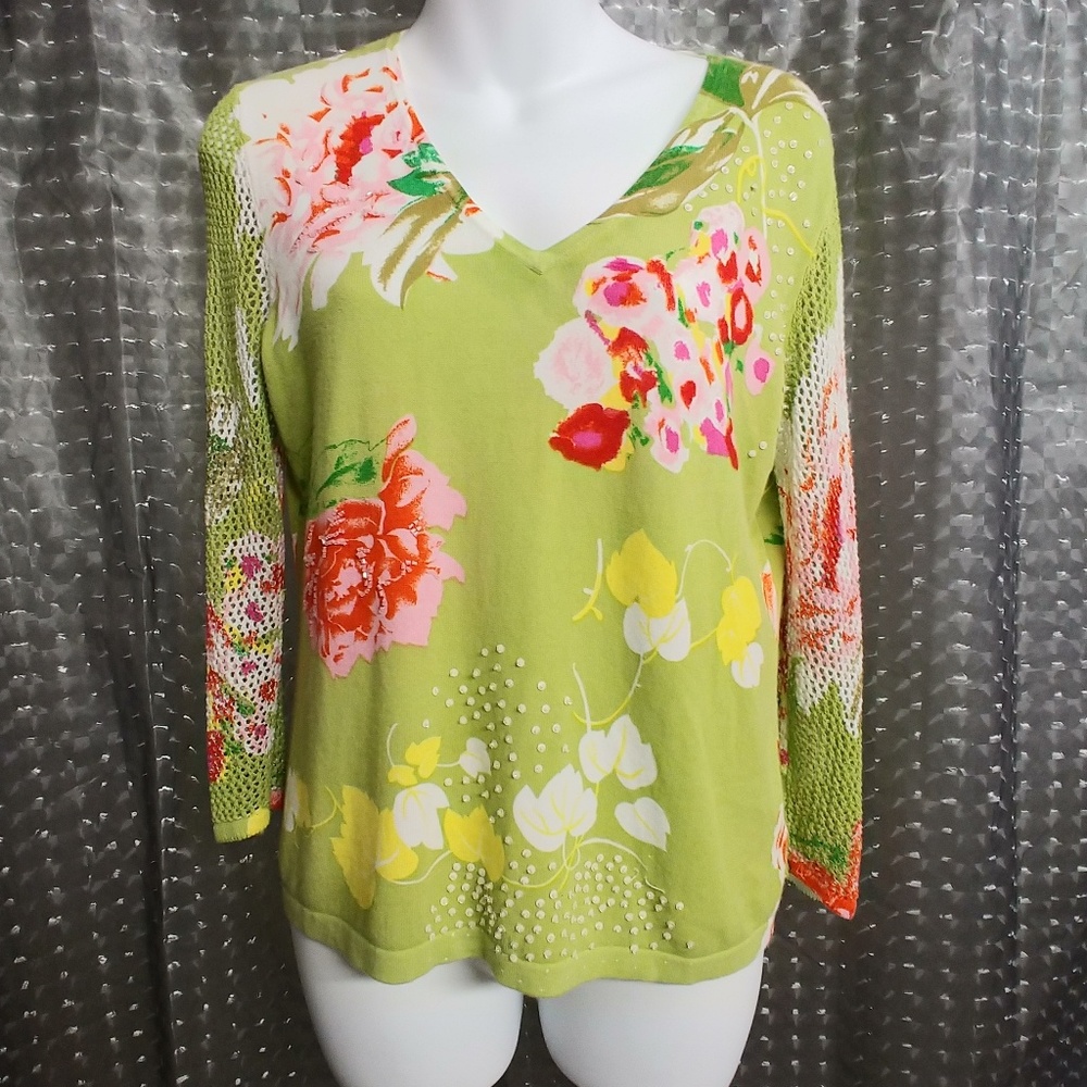 Peter Nygard Green Floral Sweater Crochet Sleeves